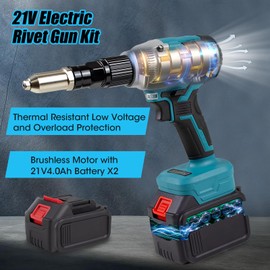 Sumumtor 21V Cordless Rivet Gun,Electric Rivet Gun with 2 X 4.0 Ah Battery & Charger,Brushless Pop Rivet Gun Tool,Rivet Tool Kit for 1/8",5/32",3/16" Rivets,for Metal,Plastic and Leather