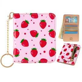ANNAMISSI Wallet Women Small Cute,Slim Bifold Credit Card Holder, Compact RFID Blocking Cash Wallet,Billfolds Thin Leather Zipper Pocket,Mini Wallet for Ladies Teen Girls Travel, Strawberries,