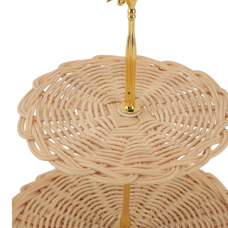 2 Tier Rattan Serving Standing Trays Round Woven Bread Fruit