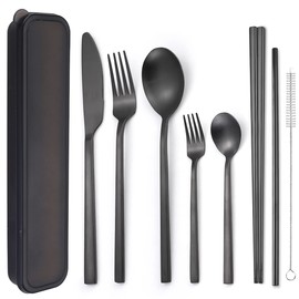 AARAINBOW 6 Pieces Stainless Steel Flatware Set Portable Reusable Cutlery Set Travel Utensils Set Including Chopsticks Knife Fork Spoon Straws Cleaning Brush Dishwasher Safe (B-Black)