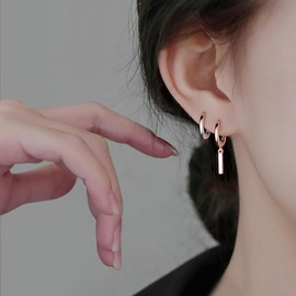 Reffeer Solid 925 Sterling Silver Bar Hoop Earrings Drops for Women Minimalist Bar Hoop Earrings Huggie (C-Rose Gold)