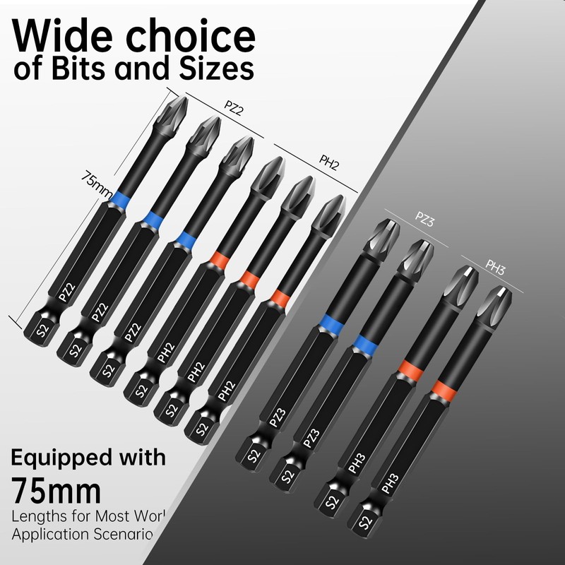 KASAFE 75mm PZ2/PH2/PZ3/PH3 Magnetic Impact Driver Bits Set,S2 Steel Phillips