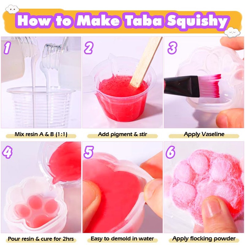 Taba Squishy Kit Set Liquid Gel+3"Paw Silicone Mold+Flocking