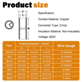 JTAREA 7 Values Non Insulated Butt Connectors Crimp with Heat Shrink Tube Uninsulated Wire Crimps Connector Pure Copper Splice for 22-16 16-14 14-12 12-10 8 6 4 AWG Gauge Wiring (Pack of 100pcs)