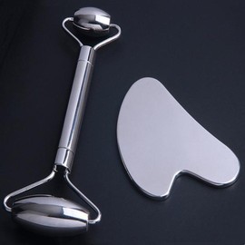 괄사 보드 롤러 마사지기 얼굴용 304 스테인리스 스틸 스크래핑 플레이트 목 등용 [01 Board Roller Set] Gua Sha Board Roller Massager for Face 304 Stainless Steel Scraping Plate for Neck and More [01 Board Roller Set]