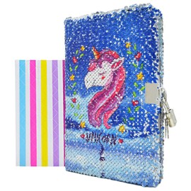 VIPbuy Kid Girls Unicorn Sequin Notebook Diary with Lock and Key Reversible Sequin Journal A5 Lined Secret Notepad Set with Gift Photo Corner Sheet for Art Creation, 156 Pages, 21.5cm x 14cm