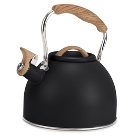 Tea Kettle, Vegoran 100 OZ / 3 Liter Whistling Tea Kettle, Tea Pots for Stove Top Food Grade Stainless Steel with Wood Pattern Folding Handle, Loud Whistle Kettle for Tea, Coffee, Milk (Black)