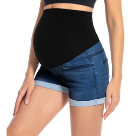 Foucome Maternity Jean Shorts Over The Belly Roll Hem Denim Shorts Summer Pregnancy Shorts(Dark Blue, L)