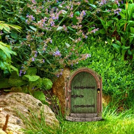 Green Wooden Fairy Door, Miniature Fairy Garden Doors, Outdoor Mini Fairy Gnome, Home Accessories for Tree Trunk, Ornaments, Garden Sculptures and Statues Figures and Statues