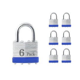 ZonRo Locks Laminated Steel Keyed Padlocks,Keyed Alike Locks, 1-9/16 inch Wide,Normal Shackle Padlocks, Pack of 6，Blue Hoop, for Hasp Latch, Sheds, Fences, Storage Locker, School, Gym…