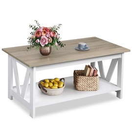 WLIVE Coffee Table with Storage Shelf, 39.4" Farmhouse Coffee Table with V-Frame Support, 2-Tier Wood Rustic Center Table for Living Room, Bedroom & Balcony, Greige & White