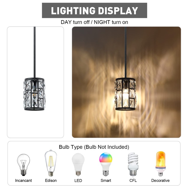 MEXO Black Crystal Pendant Light Fixture Modern Hanging Lighting Mini