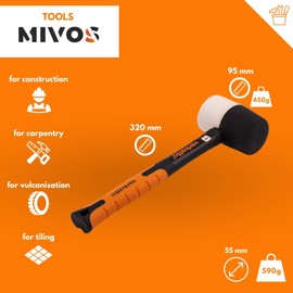 MIVOS Rubber Hammer 450 g (16 oz) - Diameter 55 mm - White Black - Soft Hammer with Non-Slip Fibreglass Handle - Mounting Hammer Double Head - Plaster Hammer with Soft Impact Heads - Camping Hammer