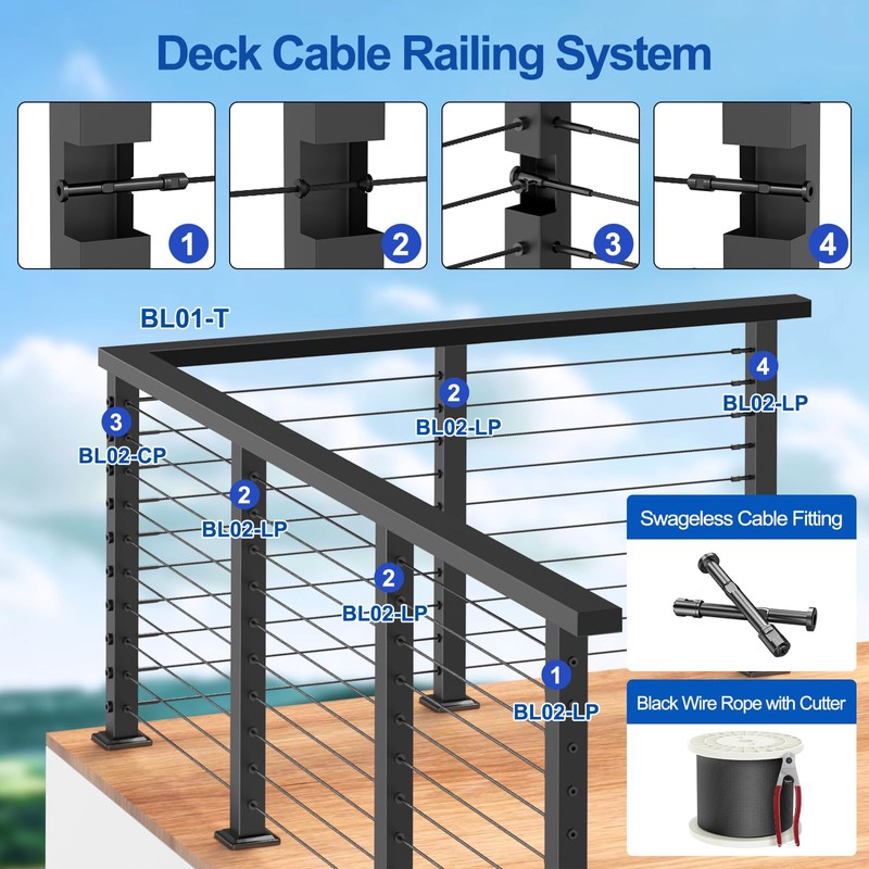 BLIKA Complete Set 42" Cable Railing Post Kit(Post 41"x2"x2"), Black