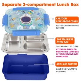 PinkSheep Stainless Steel Bento Lunch Box for Kids, 710 ml/23.5 oz BPA-Free Leak-Proof Children Food Containers with 3 Compartments, Back to School Students Daycare Lunches Snack Container (Astronaut)