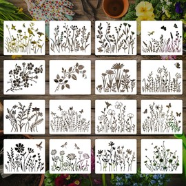 16 Pieces Wildflower Stencils for Painting, Reusable Large Spring Wild Flower Stencils Wall Stencils, DIY Large Drawing Template Stencil for Painting on Wood Wall Canvas Home Decor(8.3x11.7Inch)