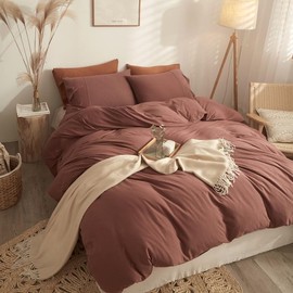 Comfortable & Soft 3 Piece Gentle Breathable Texture Cotton Duvet Cover Full Size Solid Hued Tidy Design | All Seasons Fall Bedding Coral Brick Red Color Zipper Closure Warm Plush Cozy Luxury