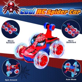 Spider RC Stunt Car, 360° Rotating 4WD, Lights, All-Terrain, Rechargeable, Remote Control for Kids 4-10, Indoor/Outdoor, Great Birthday Gift