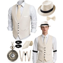HaBaeBae 1920s Mens Costume, Roaring 20s Costumes for Men, Fedora Hats for Men 1920S Mens Outfit with Hat, Vest,Pocket Watch, Tie, Armband, Bow Tie, Suspenders
