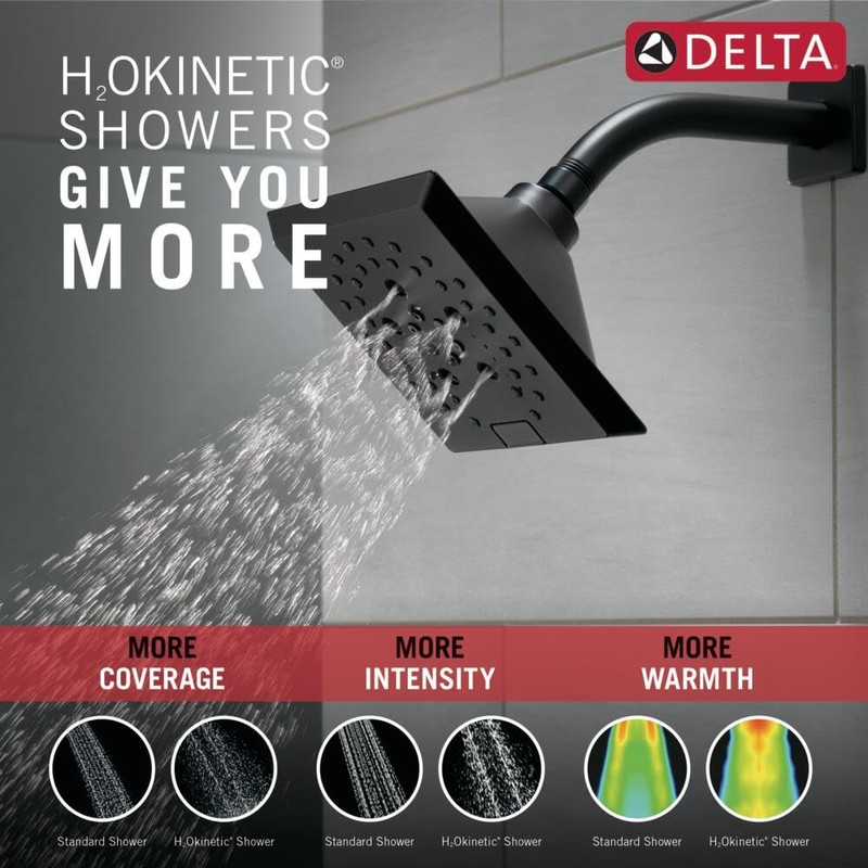 Delta Faucet 5-Spray H2Okinetic Raincan Shower Head, Black Showerhead, Square
