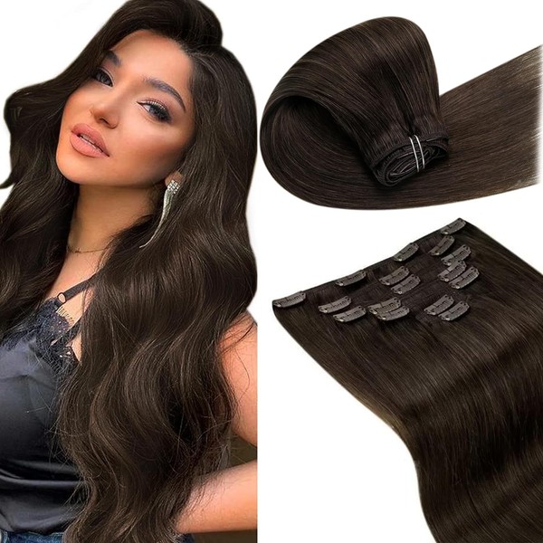 LaaVoo Real Hair Clip-In Extensions Light Brown with Ash Brown Long Real Hair Clip-In Highlight Extensions Brown Natural Clip-In Real Hair 45 cm 18 Inches 105 g / 7 Pieces #9/12