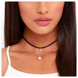 Inilbran Bohemian Black Velvet Ribbon Choker Necklace Layered Pearl Necklace Choker Vintage Crystal Pearl Collar Necklace Gold Pearl Pendant Necklace Jewelry for Women and Girls