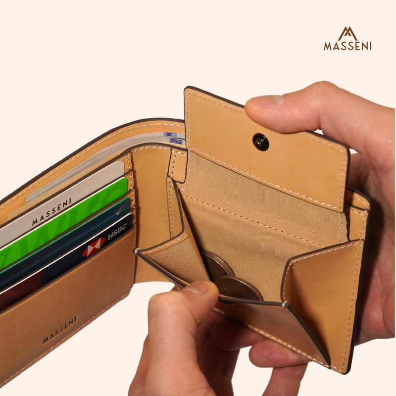MASSENI Men's Luxury Italian Leather Bifold Wallet, Coin Pocket, Tan
