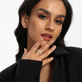 MDFUN 18K Yellow Gold Plated Engagement Promise Wedding Ring Baguette Ring Eternity Band for Women, 2 Rows Emerald Cut Cubic Zirconia Rings Size 8