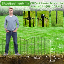 Animal Barrier Fence 10 Pack - 24 in (H) x 20 ft (L) No Dig Dog Garden Decorative Fence Rustproof Metal Wire Panel Border, Rustproof Metal Wire Section Edging Fencing Panel