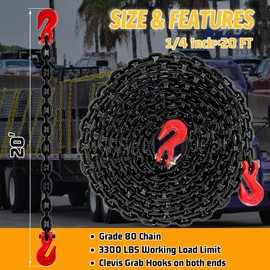 SENKEYFE 1/4" Log Chain- 20FT Heavy Duty Chain with 3300 Lbs Safety Load |G80 Trailer Binder Safety Chain with G70 Clevis Grab Hooks for Transporting|Towing Truck Tie Down Binding Equipment(EP Black)