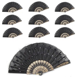 W Set of 10 Black Chinese Japanese Lace Floral Folding Hand Pocket Fans