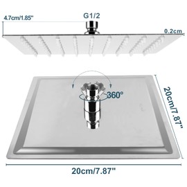 ILIKEPOW Rain Shower Head 8 inch Square Large Rainfall Overhead Fixed Shower Head, 304 Stainless Steel, Chrome