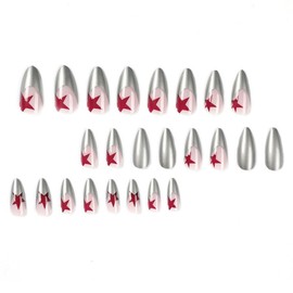 BAOYAALIN Silver Press on Nails Medium Almond Shaped French Fake Nails with Red Star Design Full Cover False Acrylic Glue Stick on Nail for Women Girls 24Pcs