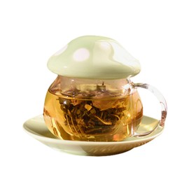 Soulnioi Pilzbecher, Glas-Teetasse mit Teesieb, niedlicher Milchbecher mit Keramikdeckel und Untersetzer, 290 ml, Pilz-Teetasse für Zuhause, Büro, Grün