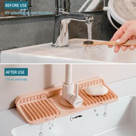 Volminex Kitchen Sink Splash Guard, Silicone Faucet Handle Drip Catcher Tray, Silicone 6° Slope Draining Mat, Counter Accessories, Faucet mat for Sink, Kitchen Guard Gadgets (Pink, 23.6"x5.5")