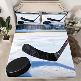 Ice Hockey Bedding Set Winter Ice Sports Theme Fitted Sheet for Kids Boys Girls Teens Hockey Player Bed Sheet Set White Winter Sports Hobby Bed Cover Room Decor Full Size