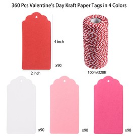 360 Pcs Valentines Day Gift Tags Kraft Paper Gift Tags Valentine’s Day Hanging Gift Label Tags Name Price Tags with String for Wedding Birthday Party Gift Wrapping Decorations, Red, Pink, White, Rose