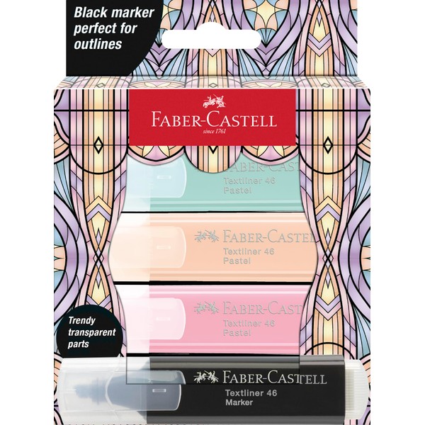 FABER-CASTELL Glassy Pastel 254694 Highlighter Set of 4 with Black