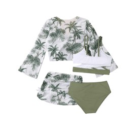 Verdusa - Conjunto de bikini entrecruzado de 4 piezas para niña con estampado tropical, Verde, blanco, 8 Años