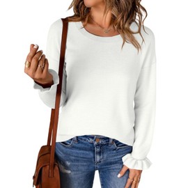 Saodimallsu Womens Fall Crew Neck Sweaters Ruffle Long Sleeve Lightweight Soft Knit Casual Pullover Top White