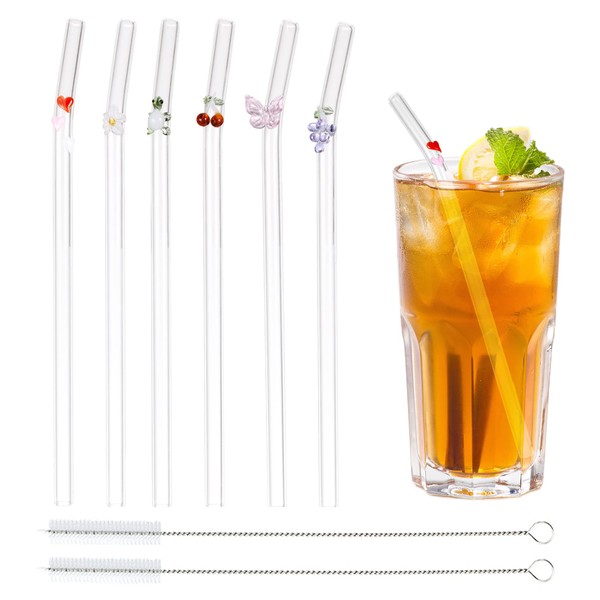 6 PCS Glass Straws Reusable Bent Straws with Design, Coffee Straw Glass with 2 Cleaning Brushes, Transparent Straws for Smoothies Cocktail Juice Coffee Milkshakes