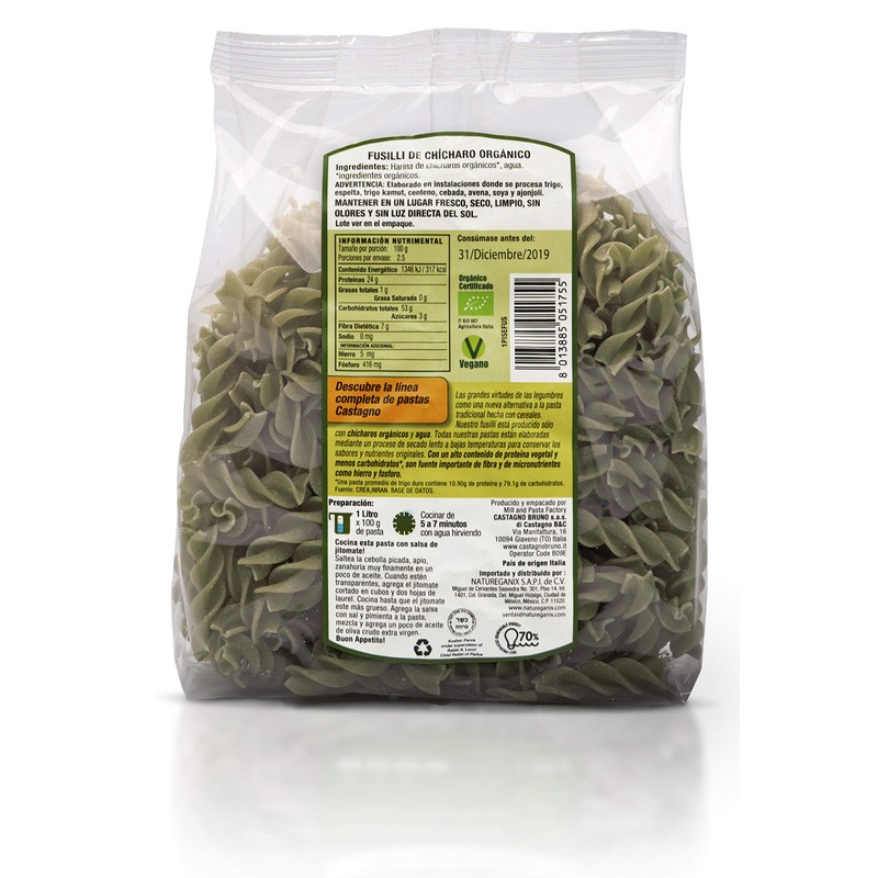 Castaño Orgánico, Pasta Orgánica De Chícharo Fusilli, 250 Gr.