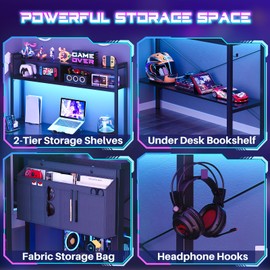 Aheaplus L Shaped Desk Gaming Desk, 59" L Shaped Computer Desk with LED Light & Power Outlet, Reversible Home Office Desk Gamer Desks with Shelves & Storage Bag & Hooks, Corner PC Desk, Black
