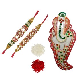 Purpledip Bhai Dooj Rakhi Gift Hamper for Brother: Rangeela Ganesha Marble Chopra, 2 Bhai Rakshabandhan Bracelets, Roli Chawal Tika (rakhi4f)