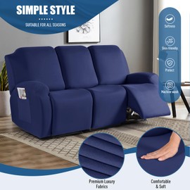TAOCOCO Recliner Sofa Slipcover, 3 Pieces Polyester Fabric Stretch Sofa Covers for 3 Seat Reclining Couch, Soft Washable Furniture Protector with Pockets (3 Seat, Dark Blue)