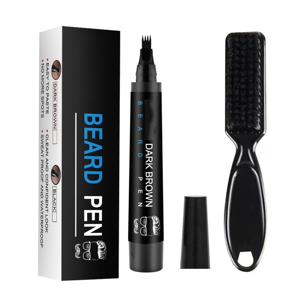 Beard Pencil Filler For Men with Brush, Brown Tattoo Eyebrow Pen with Fork Tip Beard Filling Pen Kit, Hair and Beard Filler for Women and Men,Waterproof, Long Lasting, Natural