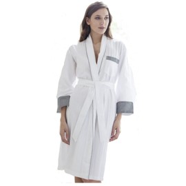 Cottonreal Dressing Gown Shadow Stripe White with Black Trim Kimono - Wrap - Dressing Gown (L)