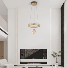 DYNAMI Crystal Chandeliers,Modern LED Ring Pendant Light with Glass Ball,Adjustable Height & Shape Stainless Steel Ceiling Light Fixture for Living Room Dining Room Bedroom Foyer,3-Color Change