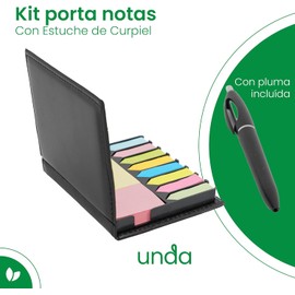 Kit Porta Notas Adhesivas con Estuche de Curpiel Organizador de Escritorio para Oficina, Escuela o Trabajo Incluye Pluma, Notas Adheribles y Separadores de Colores Compacto y Resistente
