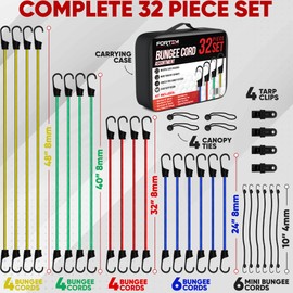 FORTEM Bungee Cord Assortment, 32pk Bungee Cords Multi Pack, Includes 10", 18", 24", 32", 40" Bungees and 8" Canopy/Tarp Ball Ties, Plastic Coated Metal Hooks